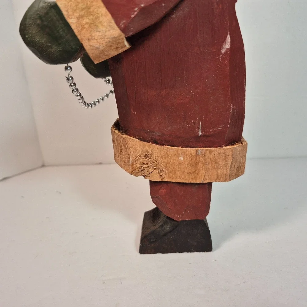 Hand Carved Folk Art Wood Santa Stringing Christmas Lights Signed JFS 11